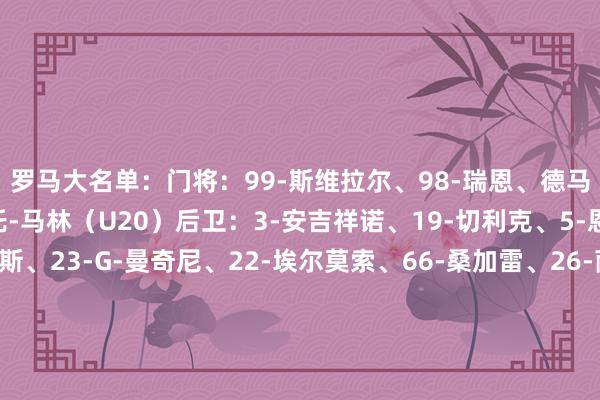 罗马大名单：门将：99-斯维拉尔、98-瑞恩、德马尔奇（U20）、雷纳托-马林（U20）后卫：3-安吉祥诺、19-切利克、5-恩迪卡、15-胡梅尔斯、23-G-曼奇尼、22-埃尔莫索、66-桑加雷、26-萨缪尔-达尔、12-阿卜杜勒哈米德中场：35-巴尔丹都、17-科内、28-勒费、16-帕雷德斯、7-佩莱格里尼、61-皮西利、56-萨勒马克尔斯、59-扎莱夫斯基先锋：11-多夫比克、21-迪巴拉