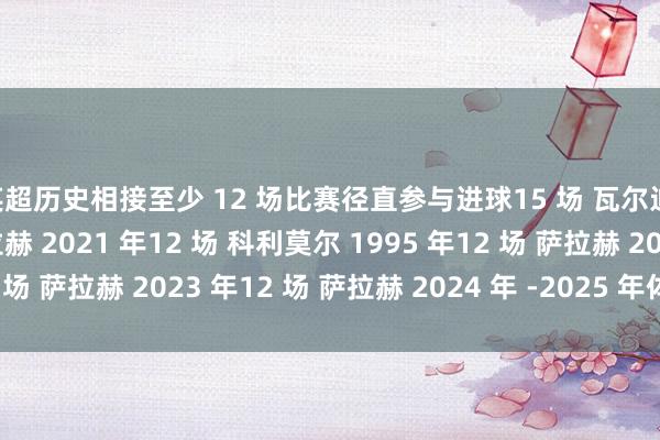 英超历史相接至少 12 场比赛径直参与进球15 场 瓦尔迪 2015 年15 场 萨拉赫 2021 年12 场 科利莫尔 1995 年12 场 萨拉赫 2023 年12 场 萨拉赫 2024 年 -2025 年体育最新信息